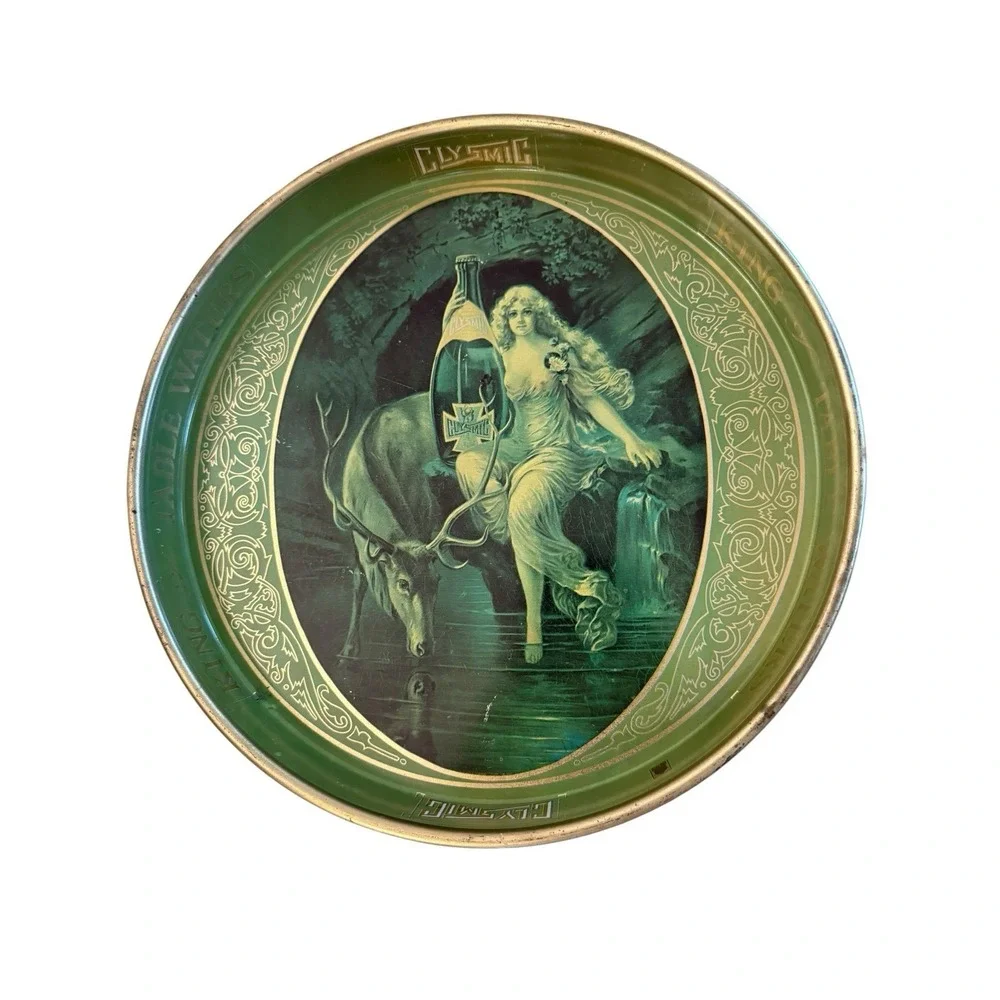 VTG Clysmic King Of Table Waters Tin Advertising Tray Nymph & Stag Green 14